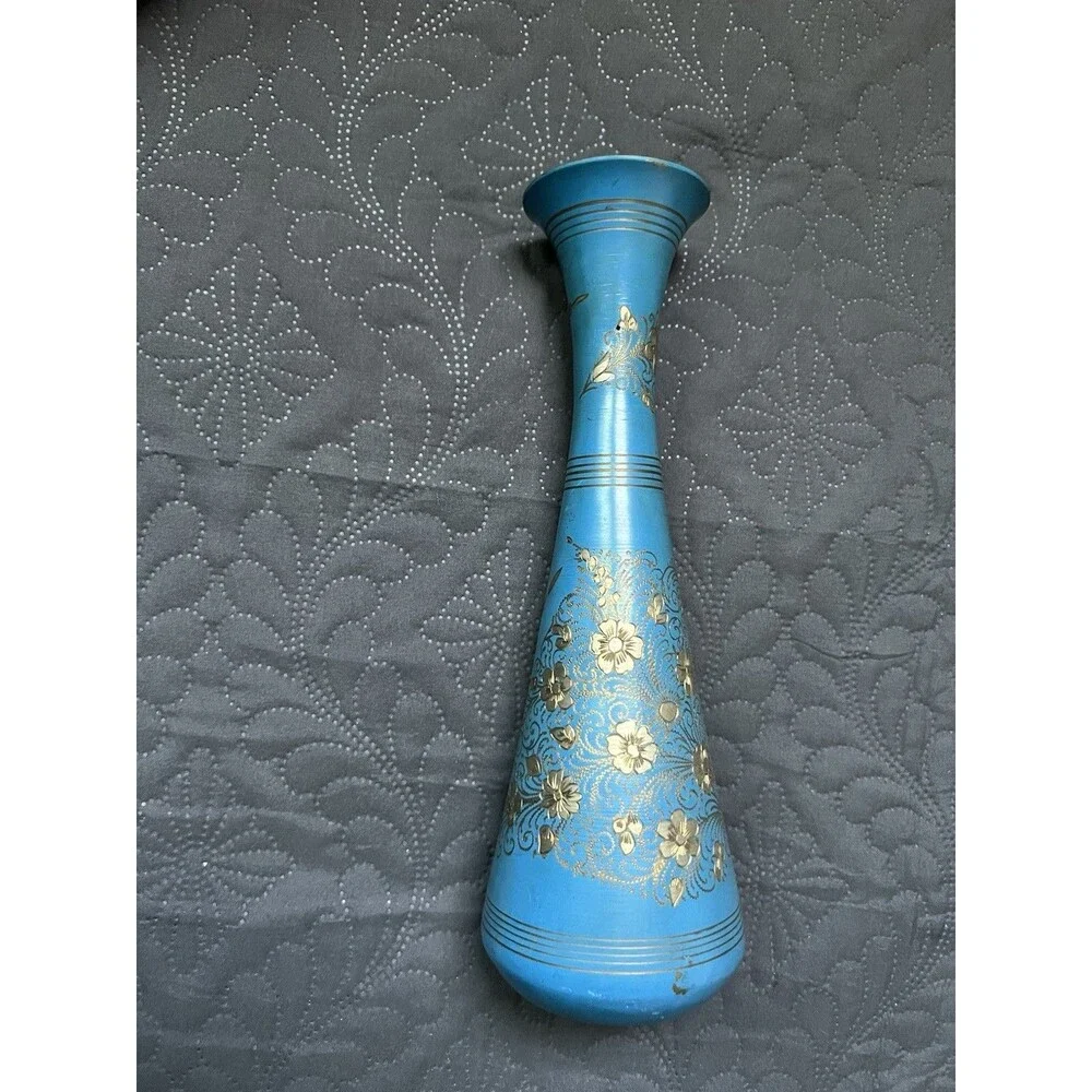 VTG Kashmiri Blue Enamel Brass Vase Hand-Etched Gold Floral Design Home Accent